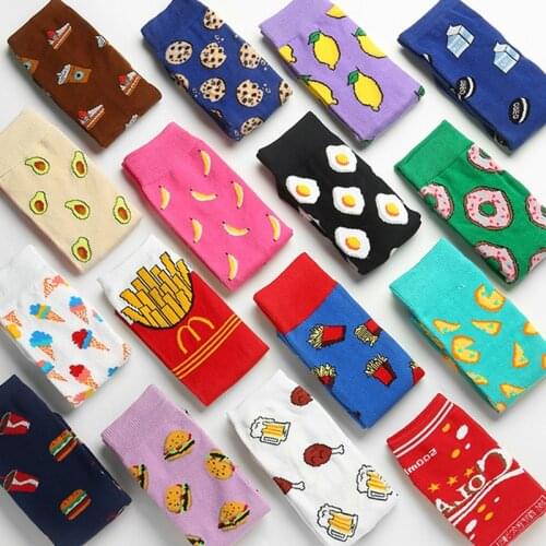Women Socks Funny Cute Cartoon Fruits Banana Avocado Lemon Egg Cookie Donuts Food Happy Japanese Harajuku skateboard Socks