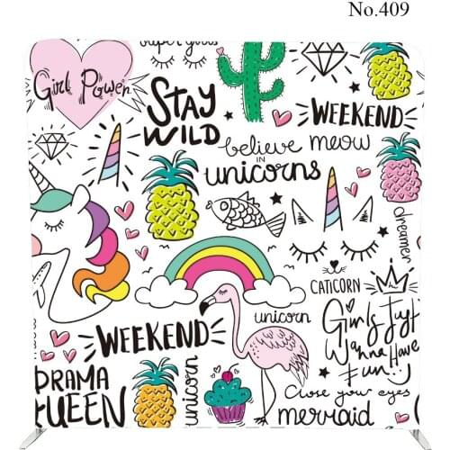 One side No.409 another side white pillow case backdrop with stand for kids birthday party