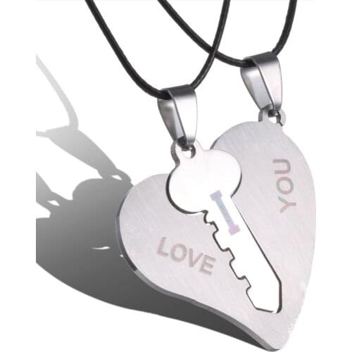 Couple Necklaces Set Pendant Necklace Engrave I Love You Matching Hearts Key 316L Stainless Steel Couple Puzzles Valentines Day