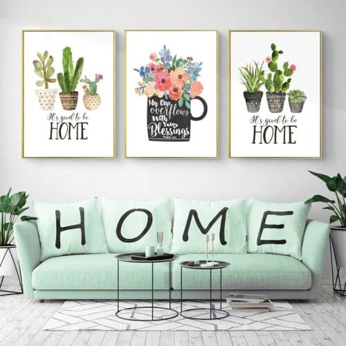 Botanical Cactus Print Home Sweet Home Sign Quote Wall Art Painting Kitchen Decor Tea Poster Nordic Wall Picture for Living Room