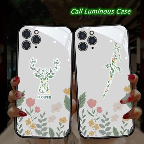Deer Hunting Flower Pattern Glass Cover Shell For iPhone 12 11 PRO MAX XR XS 8 7 PlUS Christmas Tree Elk Shine White LED Case