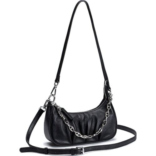 Soft Genuine Leather Shoulder Bag Handbag Dumpling Handbags Ruched Design Crossbody Bag Female Crossbody Bag With Chain Belt