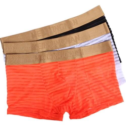 1PC Sheer Mesh Underwear Mens Striped Ultra Thin Boxers Summer Breathable Transparent Underpants Soft Boxershorts Trunks Pants