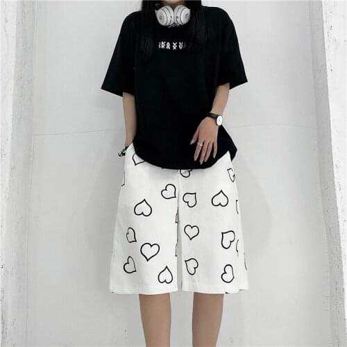 Street Love Printing Wide Leg High Waist Hip-Hop All-Match Fashion Womens Straight Shorts Summer Thin Mens Five-Point Pants