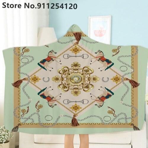 Vintage Chain Blanket 3D Animals Print Hooded Throw Blanket for Girls Boys Running Horse Blanket Wearable Hood Blanket
