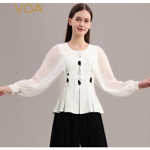 VOA Silk Double-sided Satin 40m/m White Jade Fold Stitching Button O-Neck Long Sleeve Shawl T-shirt Autumn Woman Tshirts BE730