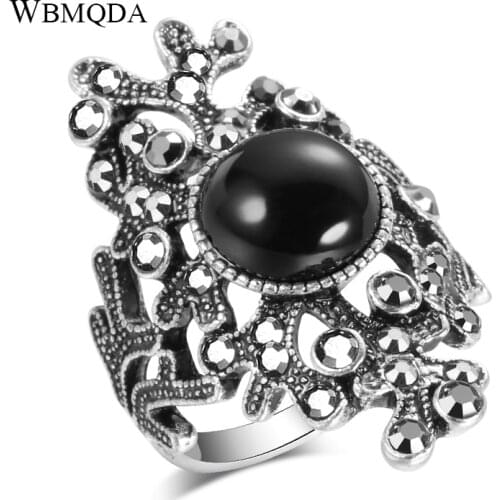 Wbmqda 2020 New Fashion Black Stone Ring For Women Silver Color Bright Black Crystal Vintage Wedding Ring Drop Shipping