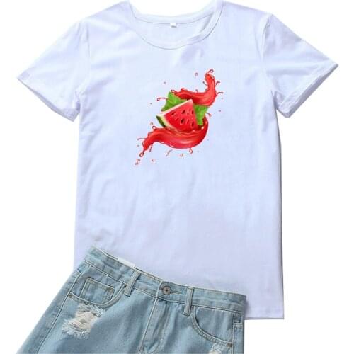 Watermelon Women T Shirt Watercolor Painting Women Tee Funny Fruit Pattern Camiseta Mujer Loose Round Neck White Women Tshirts
