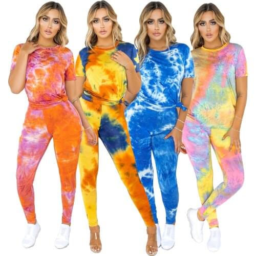 Womens 2 Piece Tie Dye Outfits Summer&Autumn Casual Tops T Shirt & Bodycon Short/Long Pants Tracksuit Workout Sets