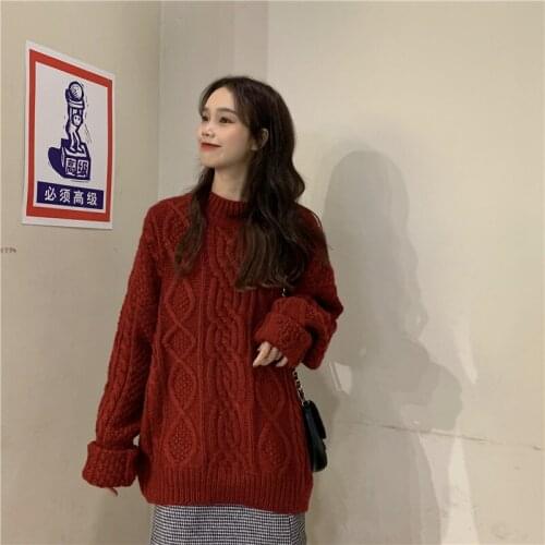 Retero Womens Sweater Japanese Loose burgundy Argyle Knit tops 2020 Autumn Oversize Loose Top fashion Round neck pullovers