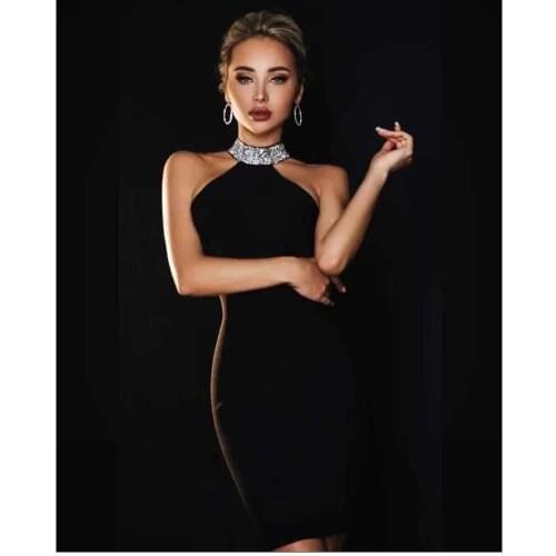 High Quality Sexy Diamond Halter Bandage Dress White Womens Sleeveless High Neck Bodycon Club Celebrity Evening Party Dress