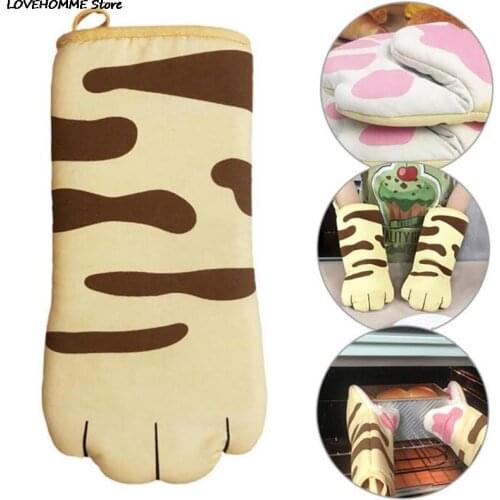 1PC 3D Cartoon Cat Paws Oven Mitts Long Cotton Baking Insulation Gloves Non-slip Cute Microwave Heat Resistant Kitchen Gloves