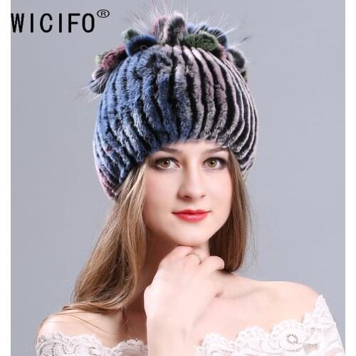 2019 Womens Genuine Rex Rabbit Fur Hats Winter Rex Rabbit Fur Beanies Striped Head Top Flower Fox Fur Warm Real Fur Knit Caps