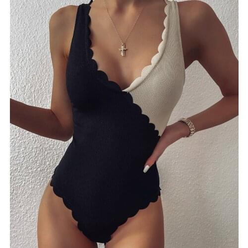 2021 Stitching Petal Personalized One Piece Swimsuit Women V-neck Swimwear Female Vintage Bathing Suit Sports Bodysuit Swimsuit