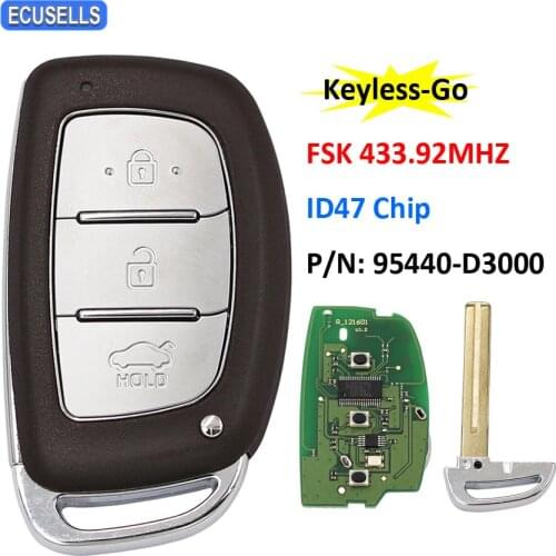 3 Button FSK 433.92MHz Keyless-Go Remote Car Key ID47 Chip P/N: 95440-D3000 HY22 Uncut Blade for Hyundai Tucson 2016 2017