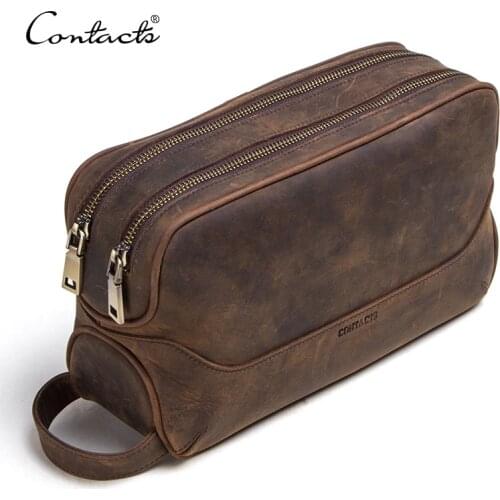 CONTACTS crazy horse genuine leather mens cosmetic bag male toiletry bag vintage wash bags mans make up bags travel organizer