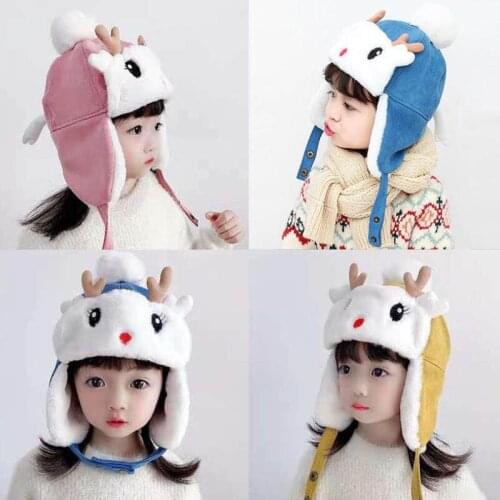 Doitbest Cute antlers Boys girls bomber hat windproof warm Winter Plus thick velvet Child fur hat kids girls Earflap Caps