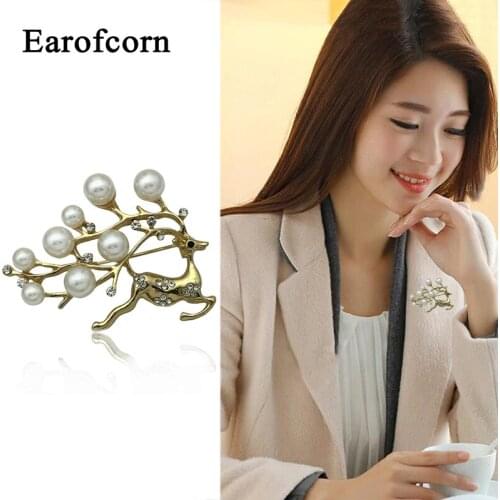 Earofcorn Stylish Totem Gold Antler Brooches Exquisite Elk Pearl Brooches Sweater Coat Accessories Gift