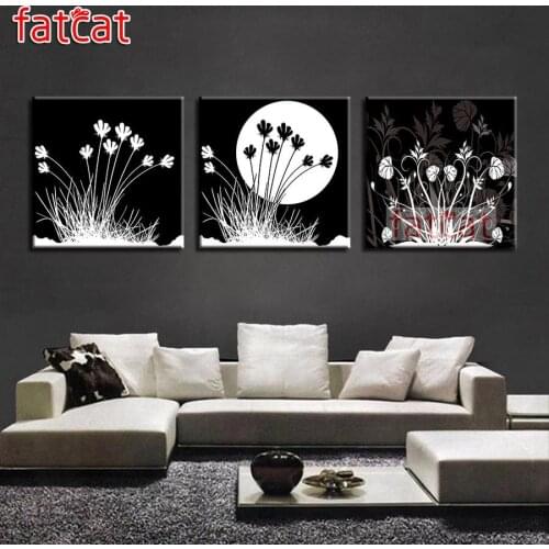 FATCAT 5d diy diamond painting black and white landscape moon full square round drill diamond embroidery triptych decor AE1618