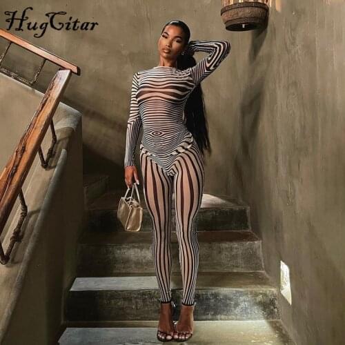 Hugcitar 2021 Summer Fall Women Fashion Zebra Print See Through Long Sleeves Top Leggings 2 Pieces Set Sexy Y2K Streetwear Slim