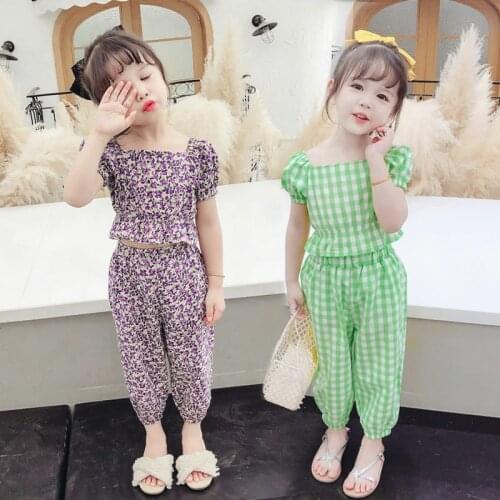 Jargazol Summer Girls Ruffle Outfits Flower Plaid Children Clothes Fashion Top&pants Cute Korean Little Girl Clothing Set