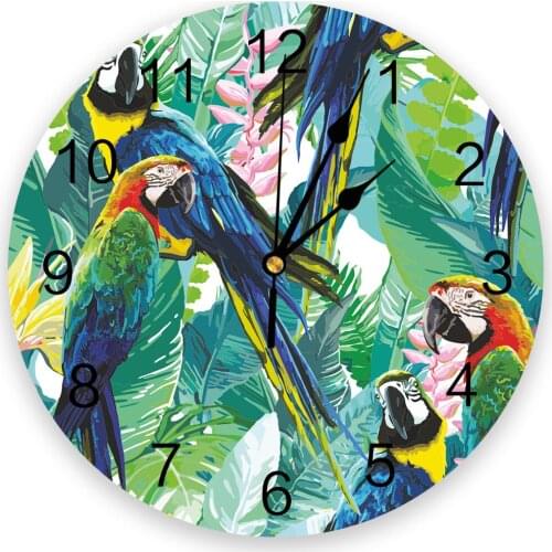 Tropical Jungle Parrot Green Plants Round Wall Clock Creative Home Decor Living Room Quartz Needle Wall Clocks Hanging Watch