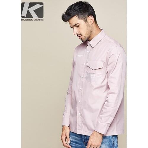 KUEGOU 2021 Autumn Cotton Print Letter Shirt Men Dress Button Casual Slim Fit Long Sleeve For Male Fashion Brand Blouse 6910