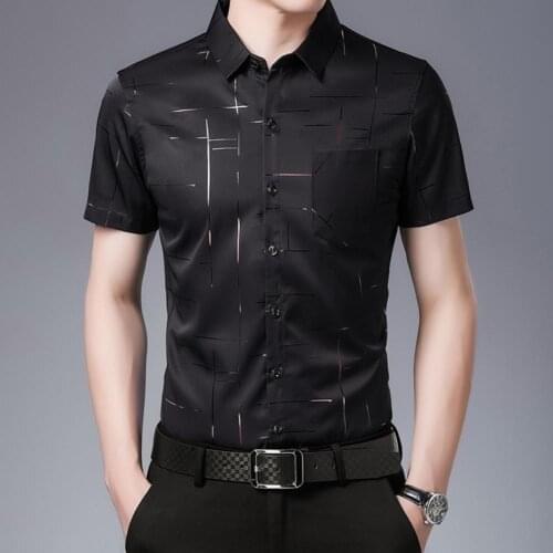2021 Mens Short Sleeve Shirt Social Dress Shirt Hot Stamping Print Buttons Men Lapel Collar Top Formal Business Work Shirts