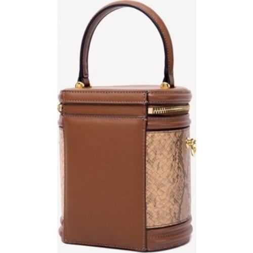 New Bag Women Circular High Quality Leather Snake Print Small Bucket Bag Solid Color Mini Tote Shoulder Crossbody Bags Female