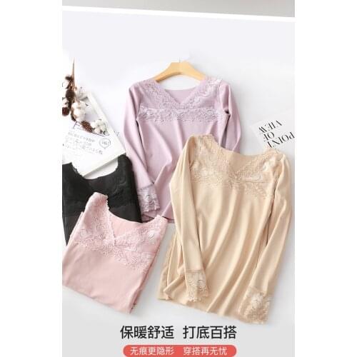Winter lace sexy long-sleeved warm clothing women wear all-match plus velvet self-heating inner wear tight body bottoming autumn