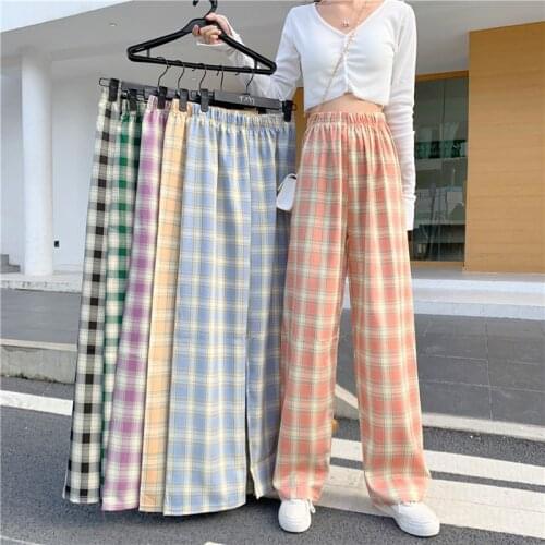 S-4XL Plus Size 2021 Summer Autumn Womens Pants Vintage Plaid Wide-leg Pants Women Elastic High Waist Loose Trousers Female