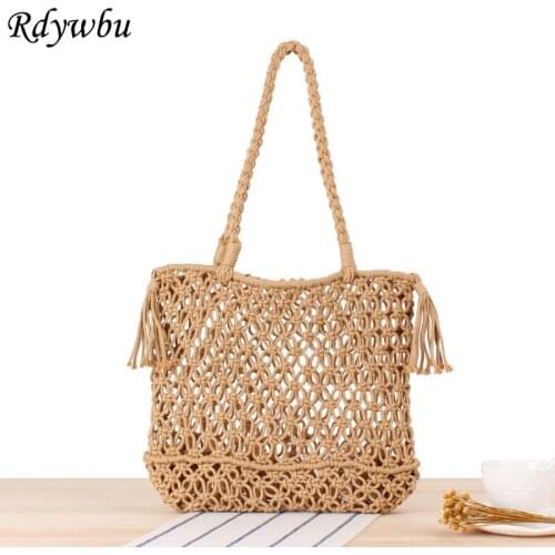 Rdywbu Hollow Out Cotton Woven Tote Handbag Girls Tassels Handmade Shoulder Bag Ladies Large Beach Bag Summer Travel Bags B774
