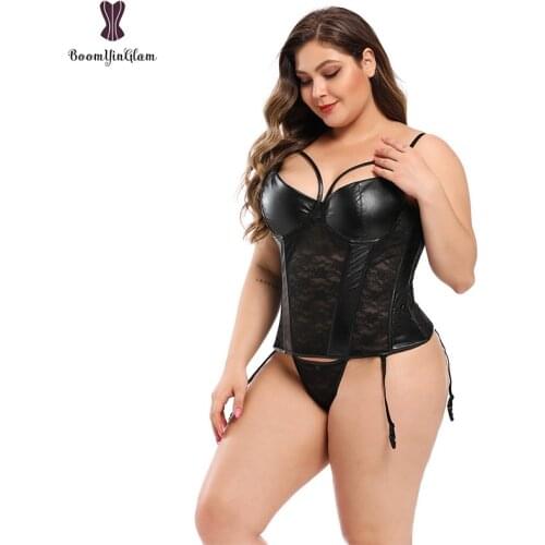 Strap Women Faux Leather Sexy Floral Lace Boned Overbust Corset Black Bustier Waist Cincher Bodyshaper Plus Size