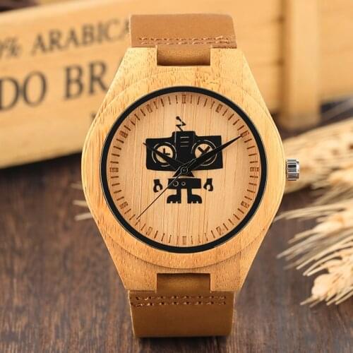 Cute Black Robot Design Mens Watches Natural Wood Analog Simple Bamboo Quartz Wrist Watches Wooden Clock for Men Reloj de madera