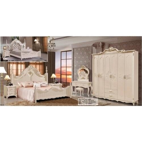 Modern european solid wood bed Fashion Carved leather french bedroom set furniture king size HC00110