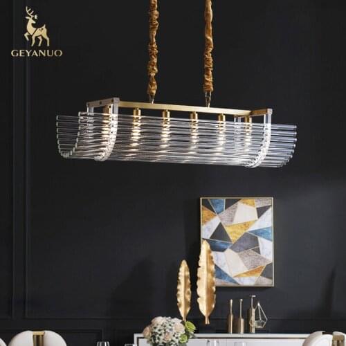 Modern minimalist light luxury copper living room lamp rectangular crystal dining room chandelier villa European creative lamps