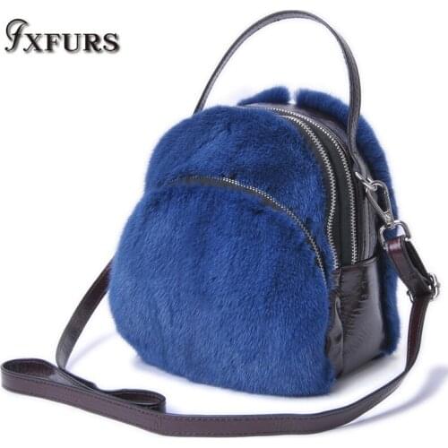 2020 Imported Whole Skin Mink Fur Handbags with Oil Wax Style Creased Head Layer Cowhide Variable Portable Slung Backpack Bags
