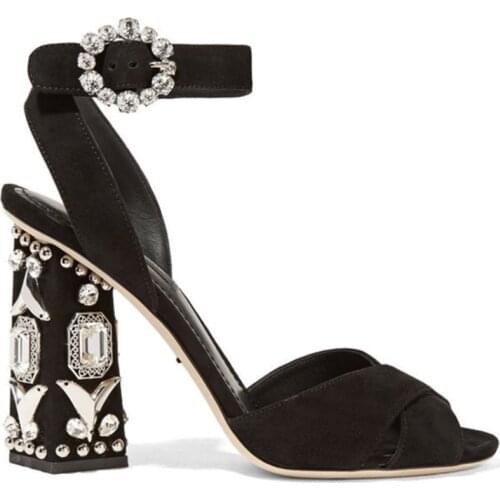 US4-11 Womens Peep Toe Rhinestones Crystal Block High Heel Pumps Suede Leather Ankle Buckle Shoes Plus Size Black Rome C608