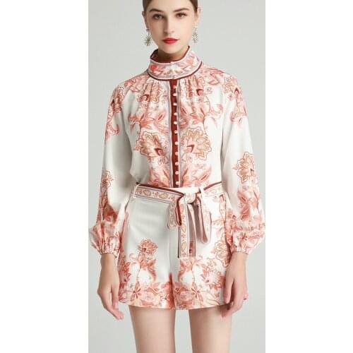 High Quality Womens Summer Button Lantern Sleeve Top And lace-up shorts floral print 2 piece suit women 2021