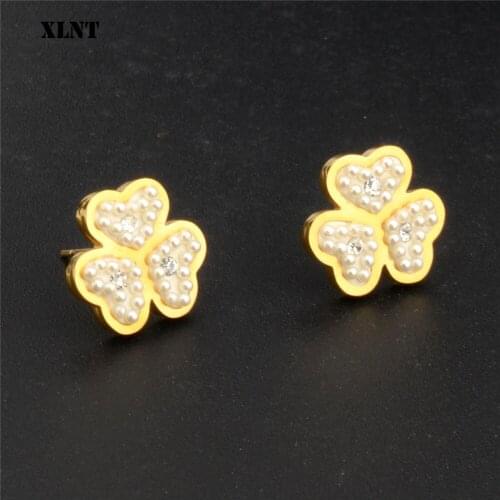 XLNT Fashion Women Lady Elegant Clover Flower Crystal Stud Earring Stainless Steel Rhinestone Stud Earrings For Women Girl