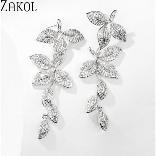 ZAKOL High Quality Classic Elegant Leaf Design Micro Cubic Zirconia Big Dangle Earring Women Wedding Luxury Jewelry FSEP2403
