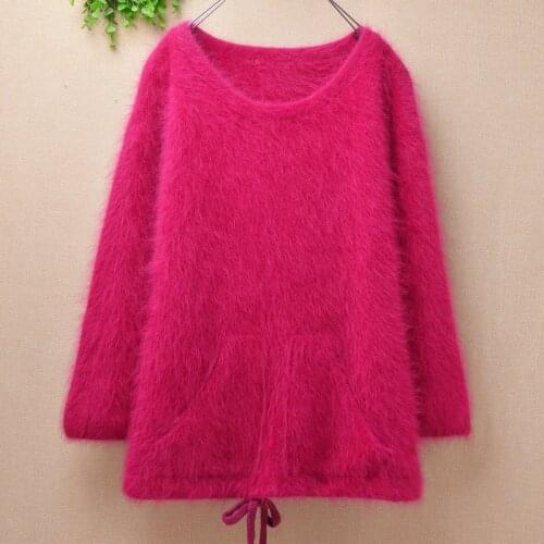 Female women autumn winter clothing hairy mink cashmere knitted o-neck slim blouses pullover angora fur jumper sweater pull rose