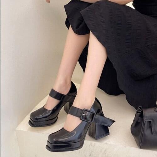 Black Punk Chunky Designer Platform Mary Janes Heels Shoes Women Patent Leather Square Toe Goth High Heels Women Pumps