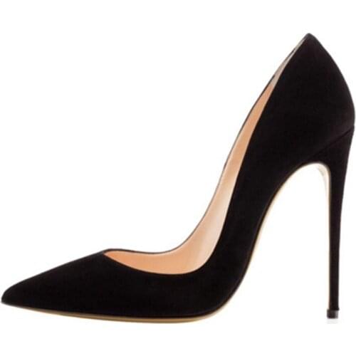 2020 Hot Sale Faux Black Suede Ladies Pumps Sexy Party Stiletto Pointy Toe Women Fashion Slip On Shallow Pumps Size 42