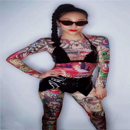 Female printed jumpsuit sexy dancer costumes stage wears show gogo bikini Tattoo printing bodysuit dj outfits clothe party