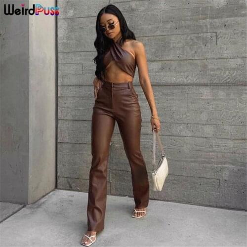 Weird Puss Faux PU Leather Two-Piece Sets Women Summer Backless Lace Up Tops+Trousers Element Matching Fashion Streetwear Outfit