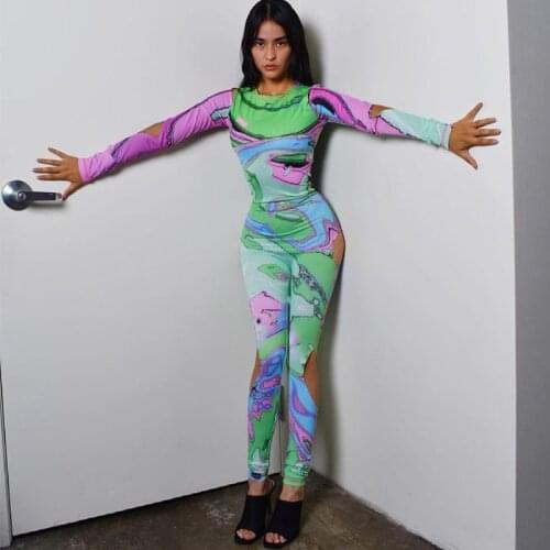 Fashion Print Long Sleeve O-neck Jumpsuits Women Sexy Hollow Out Off Shoulder Skinny Rompers Autumn Streetwear Club Outfits