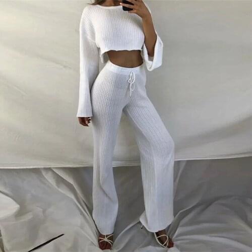 Solid Knit Rib Women Pants Set Loose Casual Long Sleeve Crop Tops And Wide Leg Trousers Matching Ladeis Suit Loungewear Spring