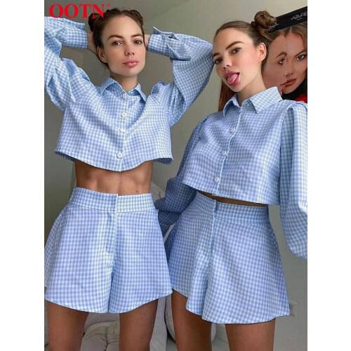 OOTN Gingham Long Lantern Sleeve Turn-Down Collar Shirt Single Breasted Crop Top Suits With Shorts High Waist Summer 2 Pieces