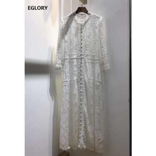 Top Quality New Lace Embroidery Dress 2020 Autumn Women Allover Luxurious Embroidery Vintage Buttons White Black Lace Dress